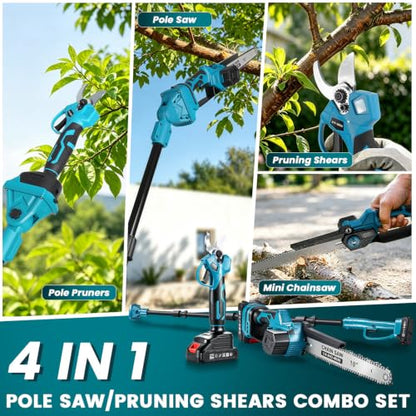 10 Inch Pole Saw with Telescopic High Branch Pole, Pruning Shear Scissors & 2x 4000mAh Batteries - Cordless Extendable Tree Trimmer Branch Cutter for High Limb Trimming