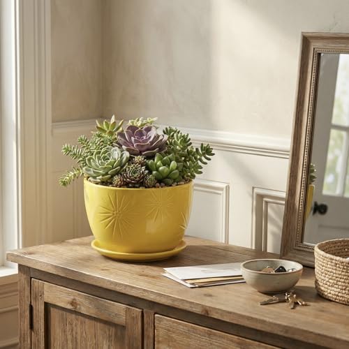 MyGift 7 Inch Yellow Ceramic Planter Pot with Sunburst Design & Saucer - color: Yellow