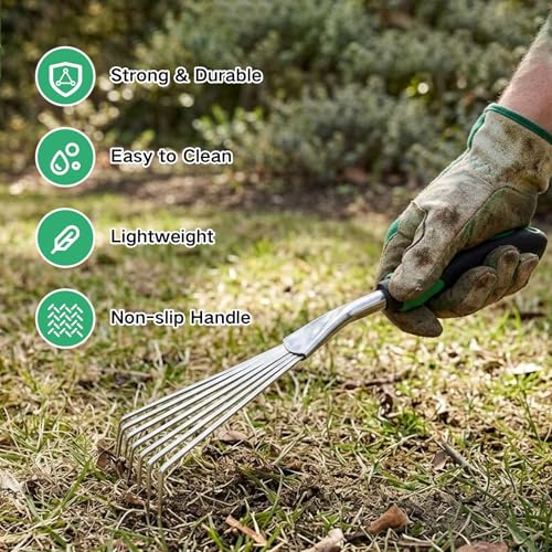 Small Leaf Rake Gardening,Mini Hand Rake Clean Flower Beds Fallen Leaves - color: Silver