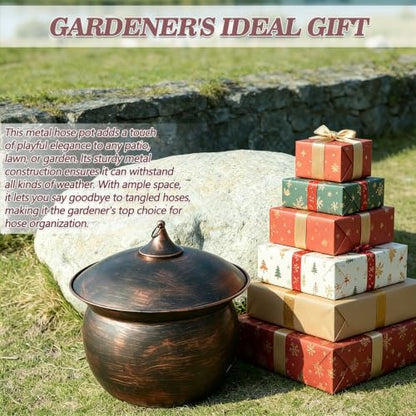 Metal Garden Hose Storage Pot,Vintage Copper Finish Hose Holder with Lid