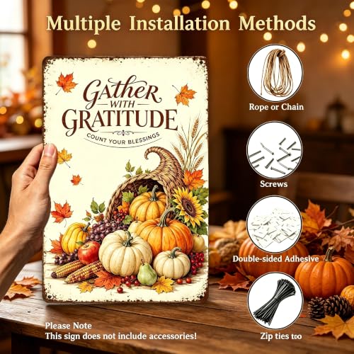Gather With Gratitude Thanksgiving Metal Sign Harvest Wall Decor 8x12 Inch - color: Gather With Gratitude