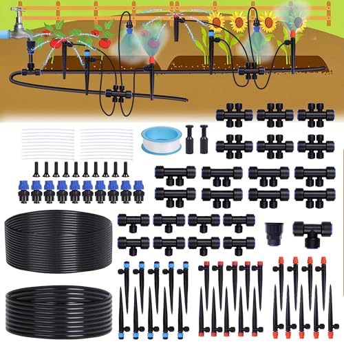 230FT Garden Irrigation System with 40 Nozzles & Emitters, Automatic Watering System with 1/2" & 1/4" Tube and Barbed Fittings, for Raised Beds, Greenhouse, Lawn - size: 230 FT - 33 FT 1/2" Tubing + 197 FT 1/4" Tubing