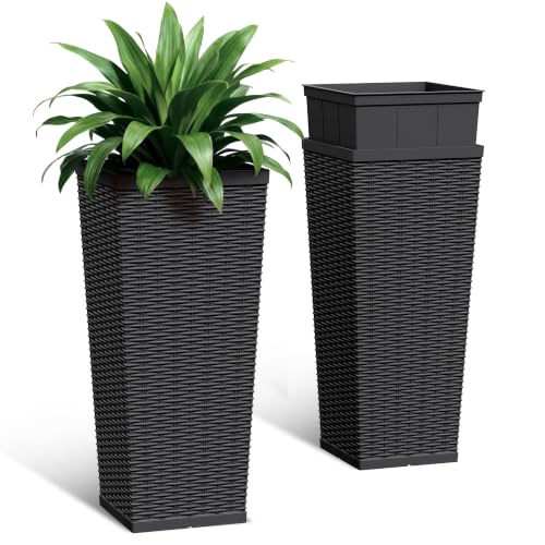 30 Inch Tall Plastic Planters(Set of 2) with Drainage Holes, Black - color: Black, size: 30 inch