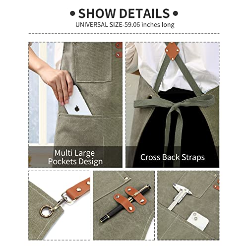 ZOMAO Cotton Canvas Cross Back Apron for Men and Women,Chef Apron With Adjustable Strap and Large Pockets,Kitchen Cooking Baking Bib Heavy Duty Work Apron - color: Grey Green