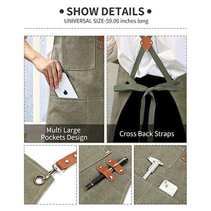ZOMAO Cotton Canvas Cross Back Apron for Men and Women,Chef Apron With Adjustable Strap and Large Pockets,Kitchen Cooking Baking Bib Heavy Duty Work Apron - color: Grey Green
