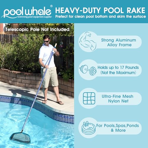 17.5" Aluminum Frame Pool Skimmer Rake Net, Deep Nylon Bag (No Pole) - size: Aluminum Frame Nylon Rake