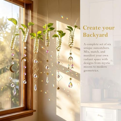 6Pcs Crystal Suncatchers with Propagation Stations Glass Wall Planters - color: Golden-6pcs