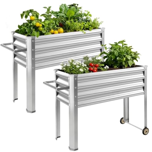 Land Guard 2 Pack Galvanized Raised Garden Bed with Legs & Wheels, 48×18×32in Metal Elevated Raised Planter Box for Backyard, Patio, Balcony, 500lb Capacity, Silver - color: Silver, size: 48×18×32in (2-Pack)