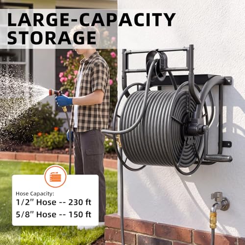 Metal Wall Mounted Garden Hose Reel Holds 150 ft 5/8" or 230 ft 1/2" Hose