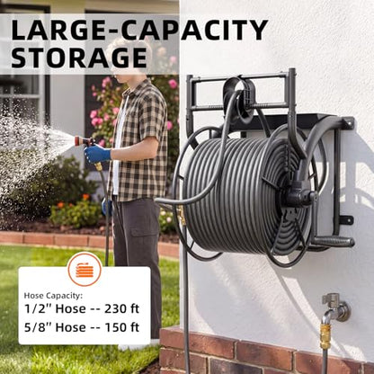Metal Wall Mounted Garden Hose Reel Holds 150 ft 5/8" or 230 ft 1/2" Hose