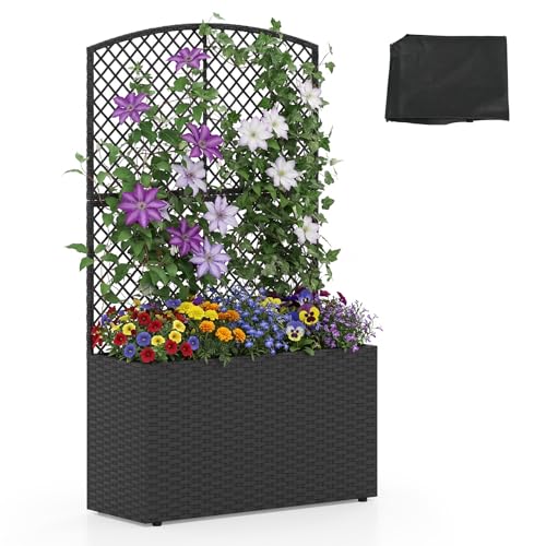HAPPYGRILL PE Rattan Raised Garden Bed with Trellis & Privacy Screen - color: Black
