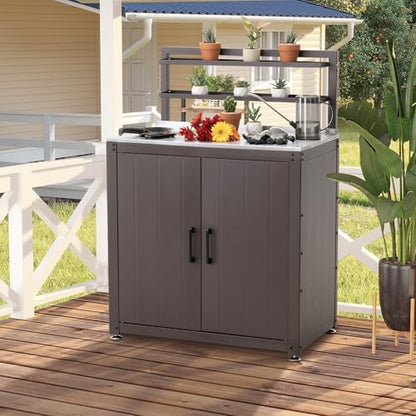 Feasto Outdoor Potting Bench with Storage Cabinet Stainless Steel Tabletop - color: Brown