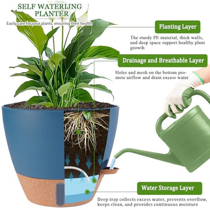 2 Pack 10 inch Plant Pots, Plastic Self Watering Planters - color: Navy Blue, size: 10 inch
