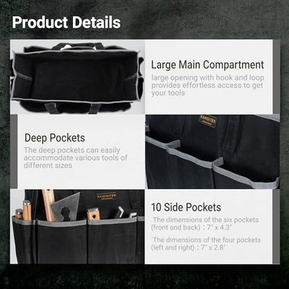 Waxed Canvas Tote Bag, Heavy Duty Multi-Purpose Canvas Tool Bag with 10 Pockets for Screwdrivers/Wrench/Pliers/Electricians Storage, Black - color: Black