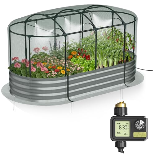 Lineware Raised Garden Bed with Sprinkler Timer and Self-Watering System, 6x3x1 ft Elevated Planter Boxes Outdoor with Mesh Cover, Galvanized Raised Beds for,Vegetables,Flowers, Backyard, Patio