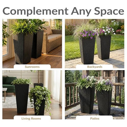 Sunnydaze 24" Square Tall Wicker Outdoor Planter, Black, 2pk - color: Black, size: 24 in