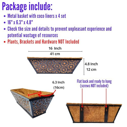 LaLaGreen Garden Wall Planter (16 in, 4 Pack) Black Window Box with Liner - size: 16" (41cm) x 4 pack