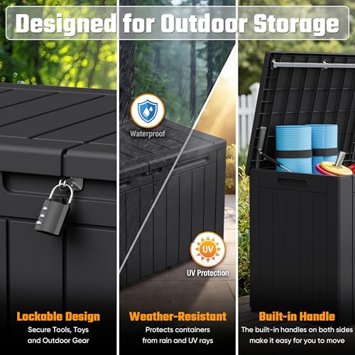 Greesum 110 Gallon Outdoor Storage Box with Lockable Lid, Dark Black