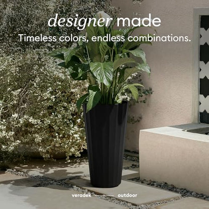 Veradek Column Series Tall Planter - Tapered Outdoor Planter with Shelf - color: Black, style: Wide Groove - 2 Pack