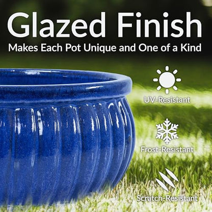 Sunnydaze 14.5" Round Ribbed Ceramic Planter Bowl, Imperial Blue