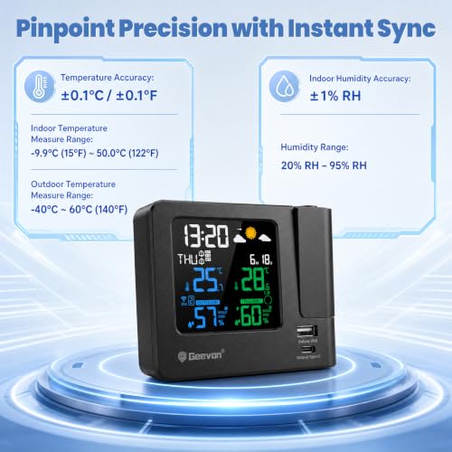 Geevon Projection Alarm Clock for Bedroom Ceiling with Weather Station