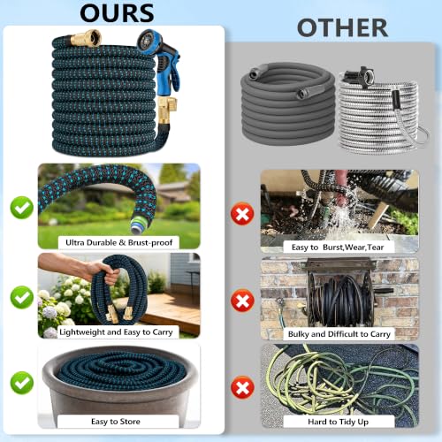100 ft Expandable Garden Hose - Superior Strength 3750D - 3 -Layer Latex Core Garden HoseS - Expanding Water hoses - Extra Strong Brass Connectors/Storage Bag