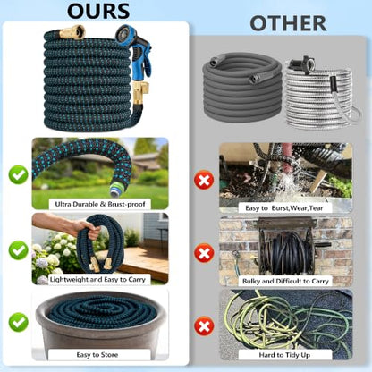 100 ft Expandable Garden Hose - Superior Strength 3750D - 3 -Layer Latex Core Garden HoseS - Expanding Water hoses - Extra Strong Brass Connectors/Storage Bag