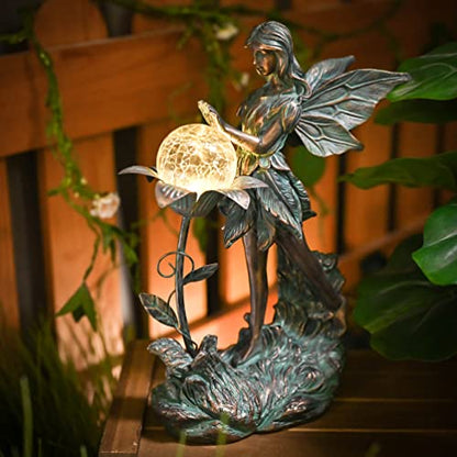 TERESA'S COLLECTIONS Fairy Garden Solar Light Resin Bronze Large Statue 11"