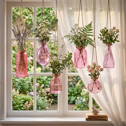6 Pcs Stained Glass Hanging Propagation Vases, Pink - color: Pink Series