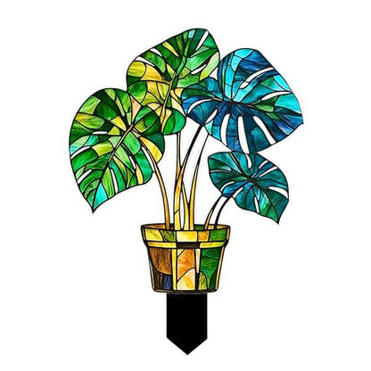Stained Glass Monstera Plant Acrylic Garden Stake, Indoor and Outdoor Garden Acrylic Decoration, Idea Gift for Flower Potted Ornament and Landscape Beautification, Suitable for Courtyards and Lawn