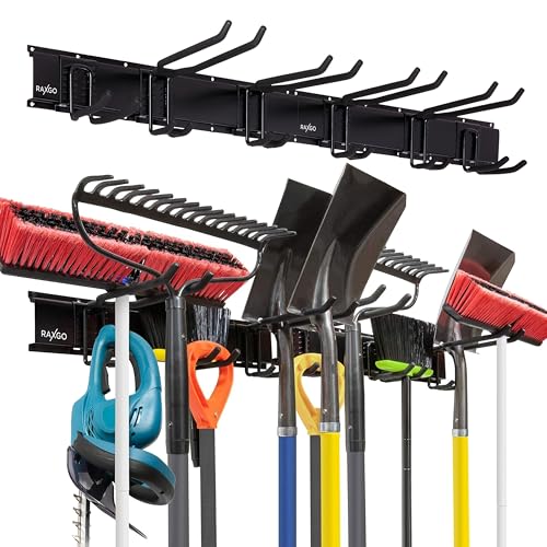 Tool Storage Rack, 8 Piece Garage Organizer, Metal, Wall mounted, Holder for Broom, Mop, Rake Shovel & Tools, By Right-Hand Storage Solution
