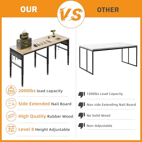 72" Adjustable Heavy Duty Workbench with Power Outlets & Pegboard - size: 72 INCH/Power outlets