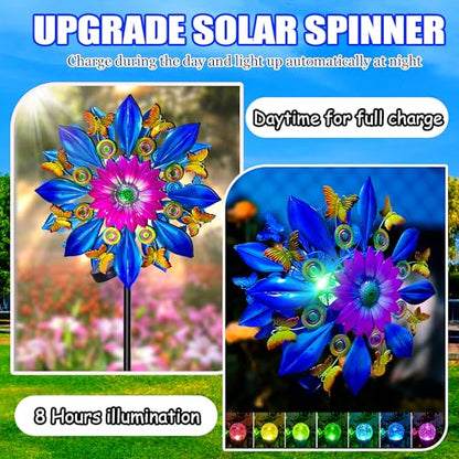 60 in Large Wind Spinners Outdoor, Solar Double Sided Wind Sculpture - color: 60 In-blue
