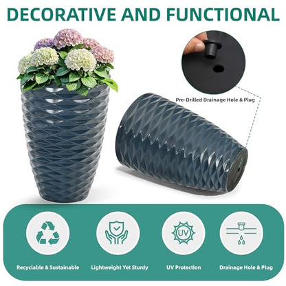 19" Resin Tall Outdoor Planters for Plants Set of 2, Costal Wavy Pot - color: 19"h-navy Blue Wavy