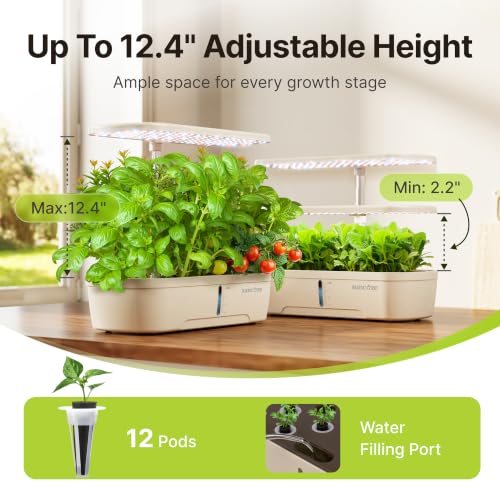 SUNCOZE Hydroponics Growing System, 12 Pods, 12.4 in Adjustable Height - color: Beige