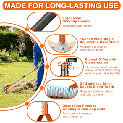 21-Tine Thatch Rake for Lawn,15" Heavy Duty Dethatcher Rake with 68" Handle - color: Orange