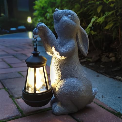 Rabbit Solar Garden Statues,Resin Rabbit Figurine Decorations with Solar Lights Lantern, Outdoor Figurines Lawn Garden Statue Decor Art for Lawn,Yard, Balcony Ornament. - color: Rabbit