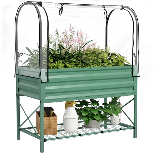 Outsunny Raised Garden Bed with Cover and Storage Shelf, Green