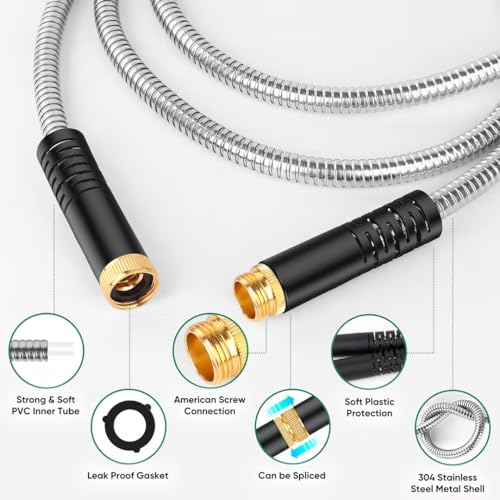 Kebose Garden Hose 50FT, Stainless Steel Hose with 10 Functional Nozzles - color: Silver, size: 50ft