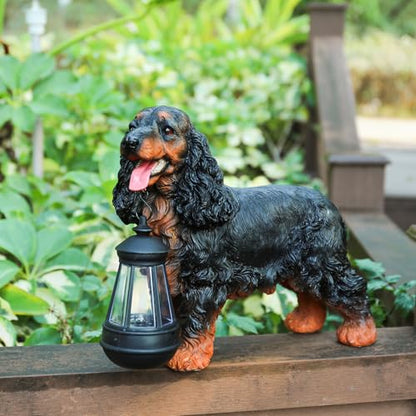 Solar Cocker Spaniel Dog Statue with Lantern, Outdoor Garden Figurine Light - style: BK American Cocker Spaniel
