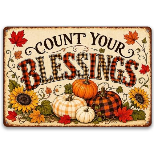 Count Your Blessings Thanksgiving Metal Sign Fall Wall Decor 8x12 Inch - color: Count Your Blessings