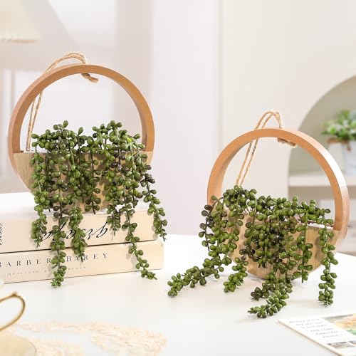 2 Pack Fake Plants Artificial Wall Hanging Succulents Plant - color: Wood Color, size: 2 Pcs