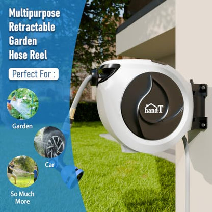 USA Based Retractable Garden Hose Reel, 1/2 in x 33 ft Quick Connect 10-Pattern Sprayer, Wall Mounted Auto Self Retracting Water Hose Reels, UV Resistant Automatic Rewind 180° Mount | Gray - size: 1/2" 33FT