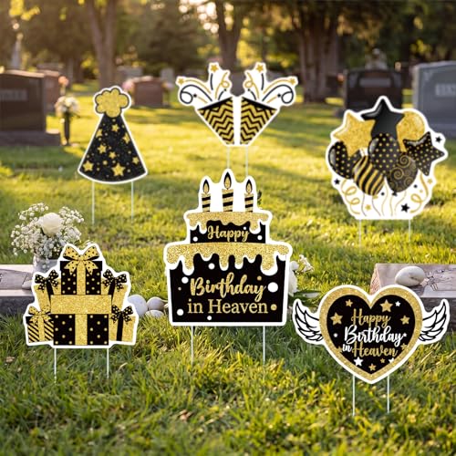 Sieral 6 Pcs Black Gold Happy Birthday in Heaven Decor Funeral Grave Sign - style: Black Gold