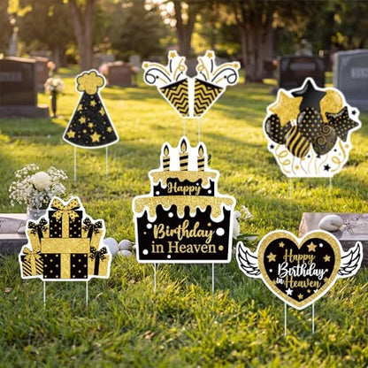 Sieral 6 Pcs Black Gold Happy Birthday in Heaven Decor Funeral Grave Sign - style: Black Gold