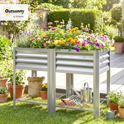 Outsunny Galvanized Steel Raised Garden Bed with Storage Shelf, Silver - color: Silver