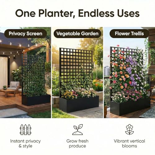 TABU Metal Planter Box with Trellis for Climbing Plant,71"x47"x16",Black