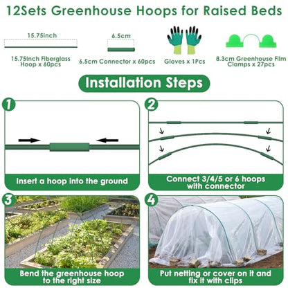 60 Pcs Garden Hoops for Raised Beds, 12 Sets Greenhouse Hoops Grow Tunnel Rust-Free Fiberglass Hoop House Kit, Plant Support Garden Stakes Hoops Frame for Netting Shade Cloth Row Cover Garden Supplies