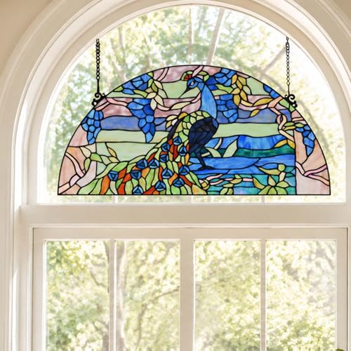 Bieye W10093 Blue Peacock Tiffany Style Stained Glass Window Panel - size: 24Wx12H Half-round