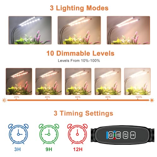 Grow Lights for Indoor Plants, Full Spectrum 2 Head Clip Plant Lights - size: 2 Head 2 Pack
